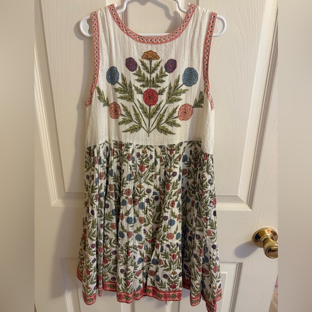 Pink Chicken Kids Dress with Floral Embroidery - White and Green